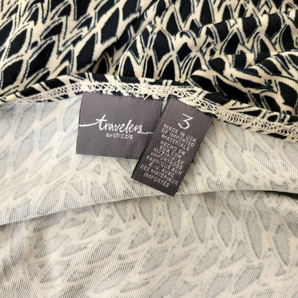 Chicos Travelers Black & Beige Patterned Pullover Top With Sheer Floral Sleeves - Picture 3 of 5